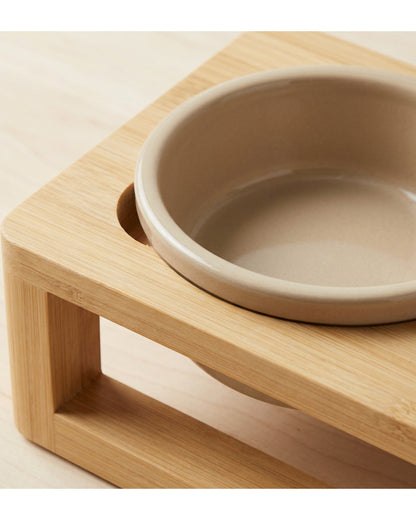 Acorng Raised Double Pet Bowl Set Sand with Bamboo Stand