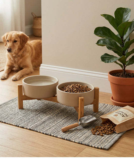 Acorng Raised Double Pet Bowl Set Sand with Bamboo Stand