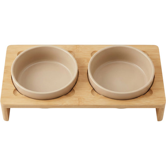 Acorng Raised Double Pet Bowl Set Sand with Bamboo Stand