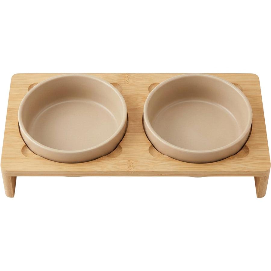 Acorng Raised Double Pet Bowl Set Sand with Bamboo Stand